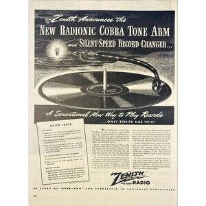 Zenith Radionic Cobra Tone Arm & Silent-Speed Record Changer Vtg Print Ad 1946
